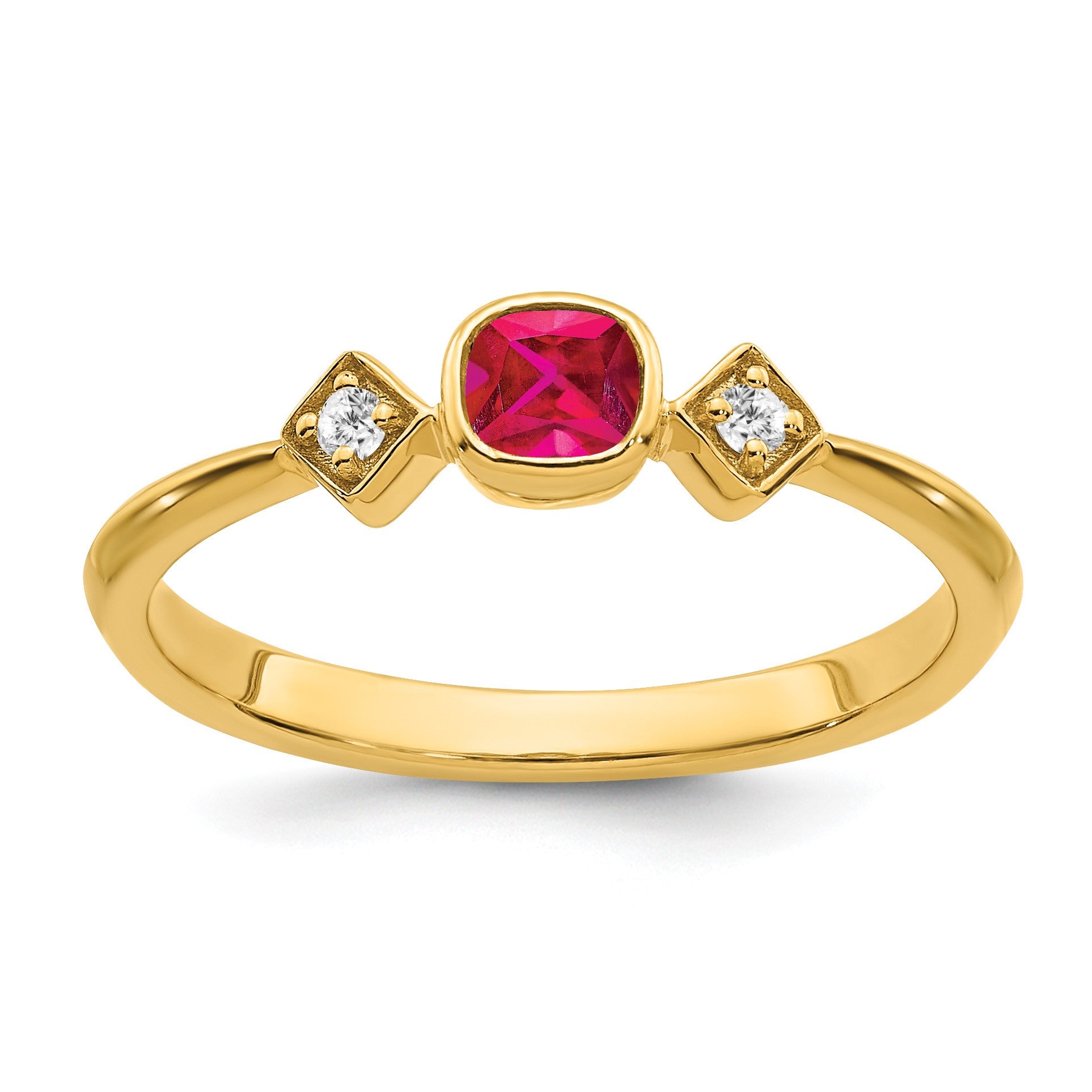 14k 3.3mm Cushion Ruby and 1/20 carat Diamond Ring