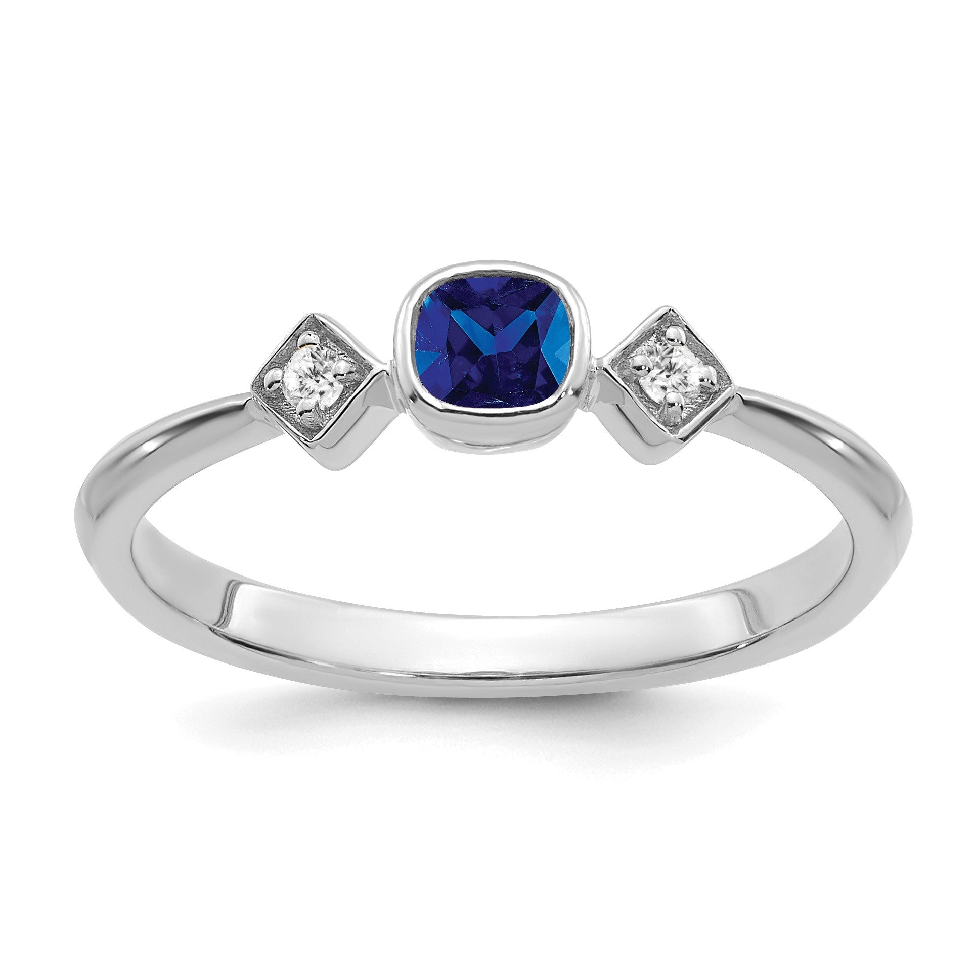 14k White Gold 3.3mm Cushion Blue Sapphire and 1/20 carat Diamond Ring