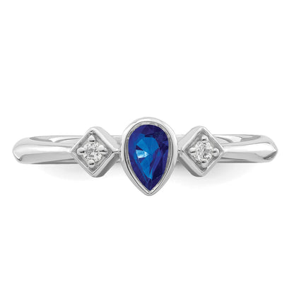 14k White Gold 4.6x3mm Pear Bezel Blue Sapphire and 1/20 carat Diamond Ring