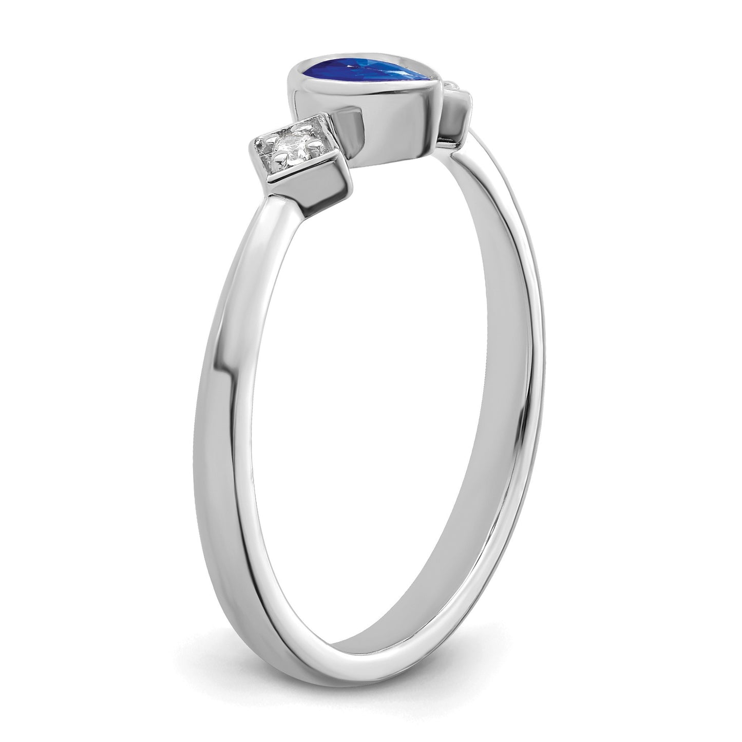 14k White Gold 4.6x3mm Pear Bezel Blue Sapphire and 1/20 carat Diamond Ring