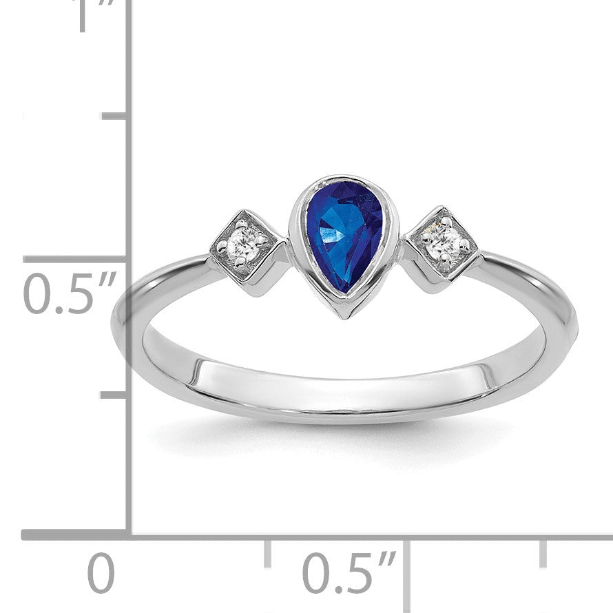 14k White Gold 4.6x3mm Pear Bezel Blue Sapphire and 1/20 carat Diamond Ring