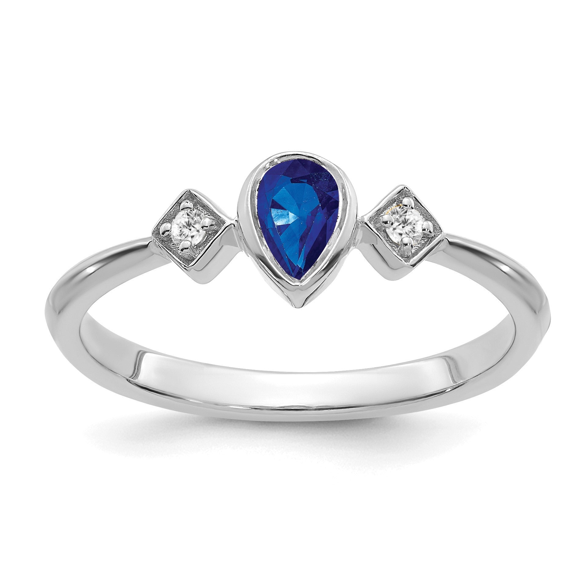 14k White Gold 4.6x3mm Pear Bezel Blue Sapphire and 1/20 carat Diamond Ring