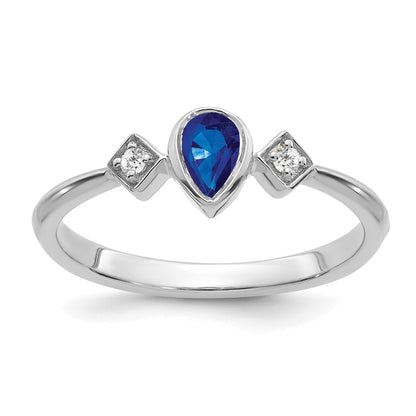 14k White Gold 4.6x3mm Pear Bezel Blue Sapphire and 1/20 carat Diamond Ring