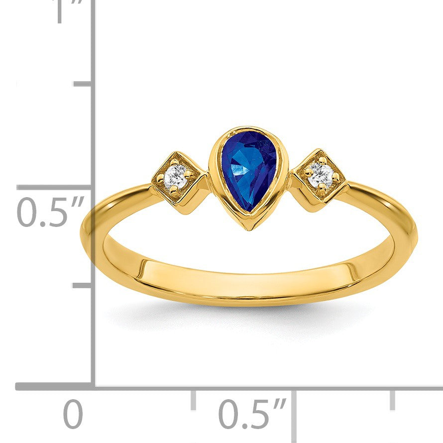 14k 4.6x3mm Pear Bezel Blue Sapphire and 1/20 carat Diamond Ring