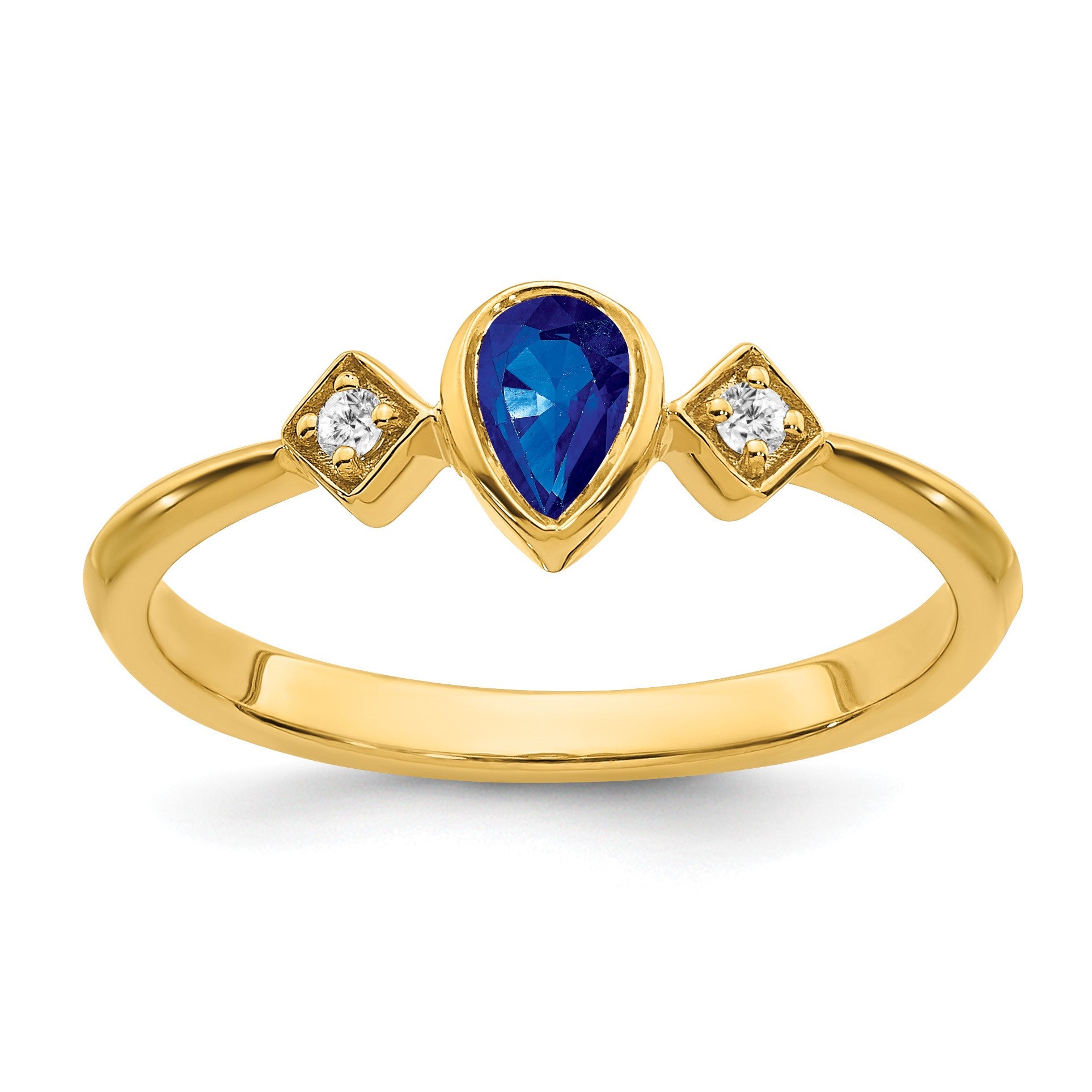 14k 4.6x3mm Pear Bezel Blue Sapphire and 1/20 carat Diamond Ring