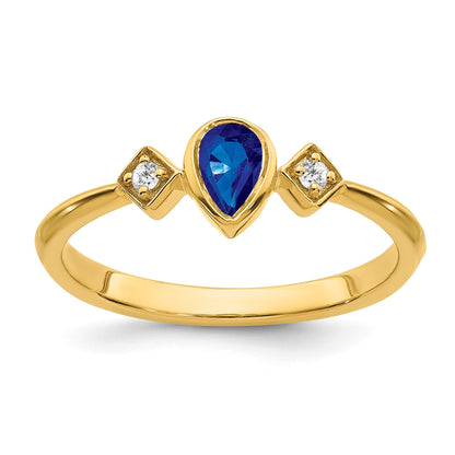 14k 4.6x3mm Pear Bezel Blue Sapphire and 1/20 carat Diamond Ring