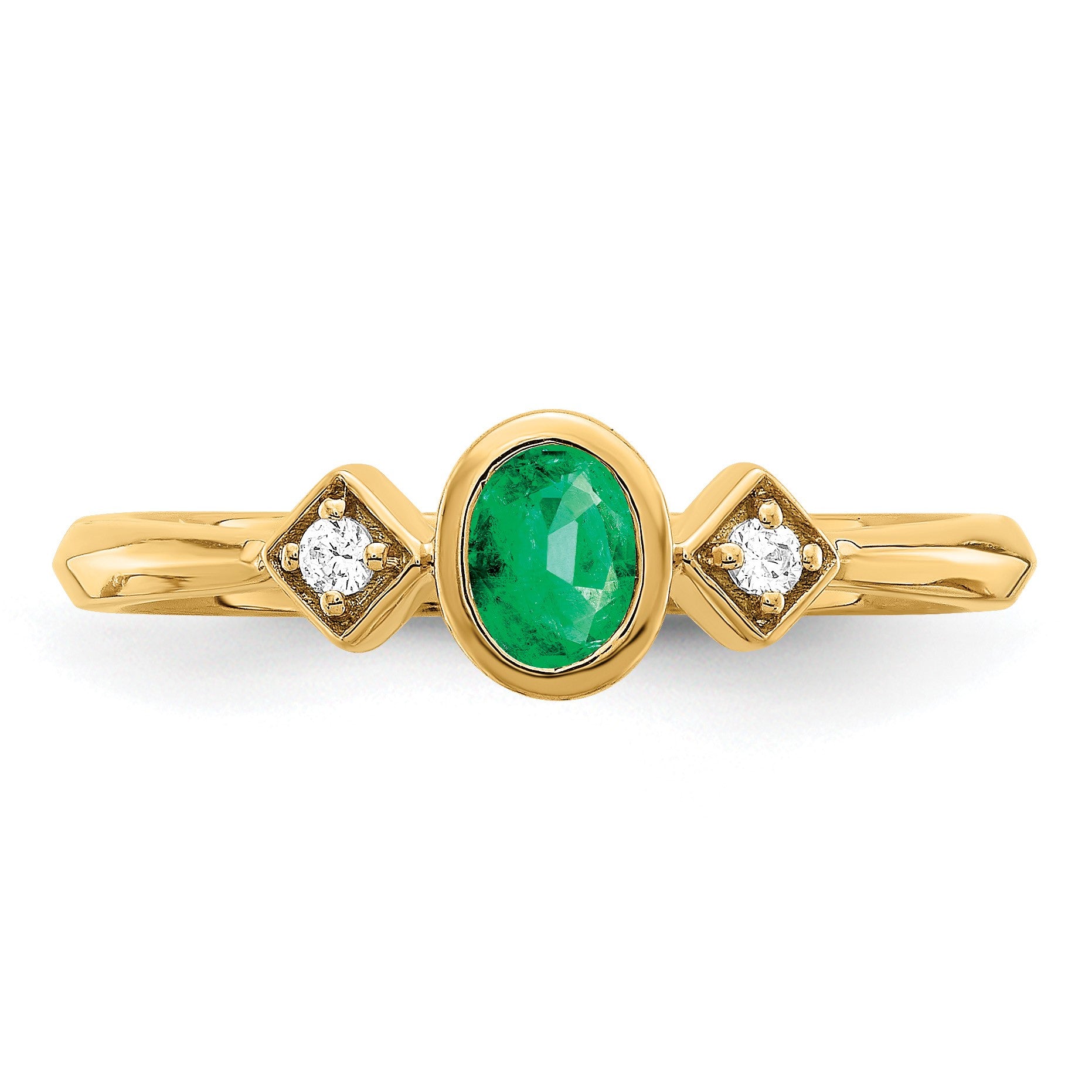 14k 4.6x3.4mm Oval Bezel Emerald and 1/20 carat Diamond Ring