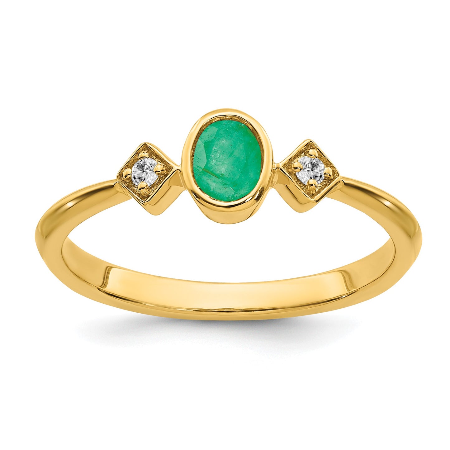 14k 4.6x3.4mm Oval Bezel Emerald and 1/20 carat Diamond Ring