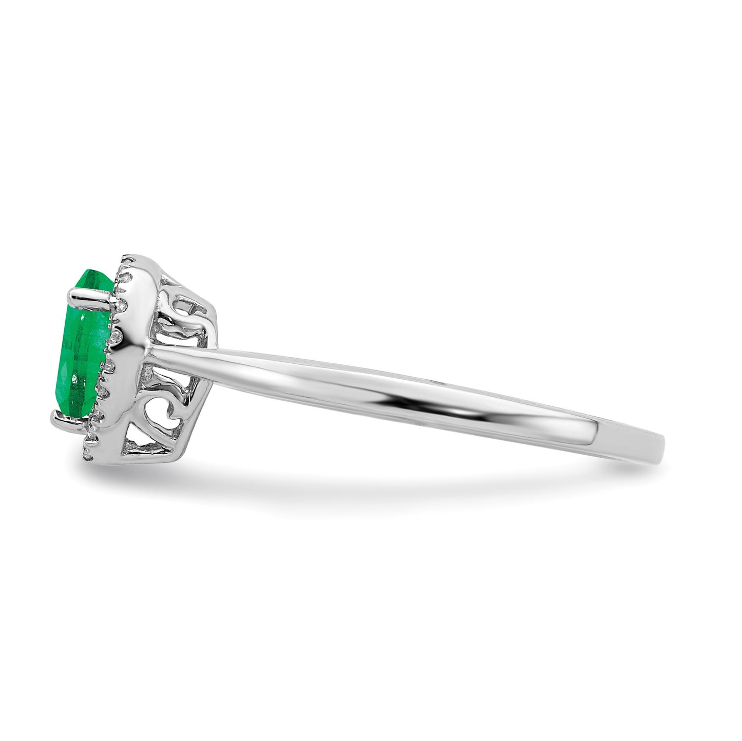14k White Gold 6x4mm Pear Emerald and 1/10 carat Diamond Halo Ring