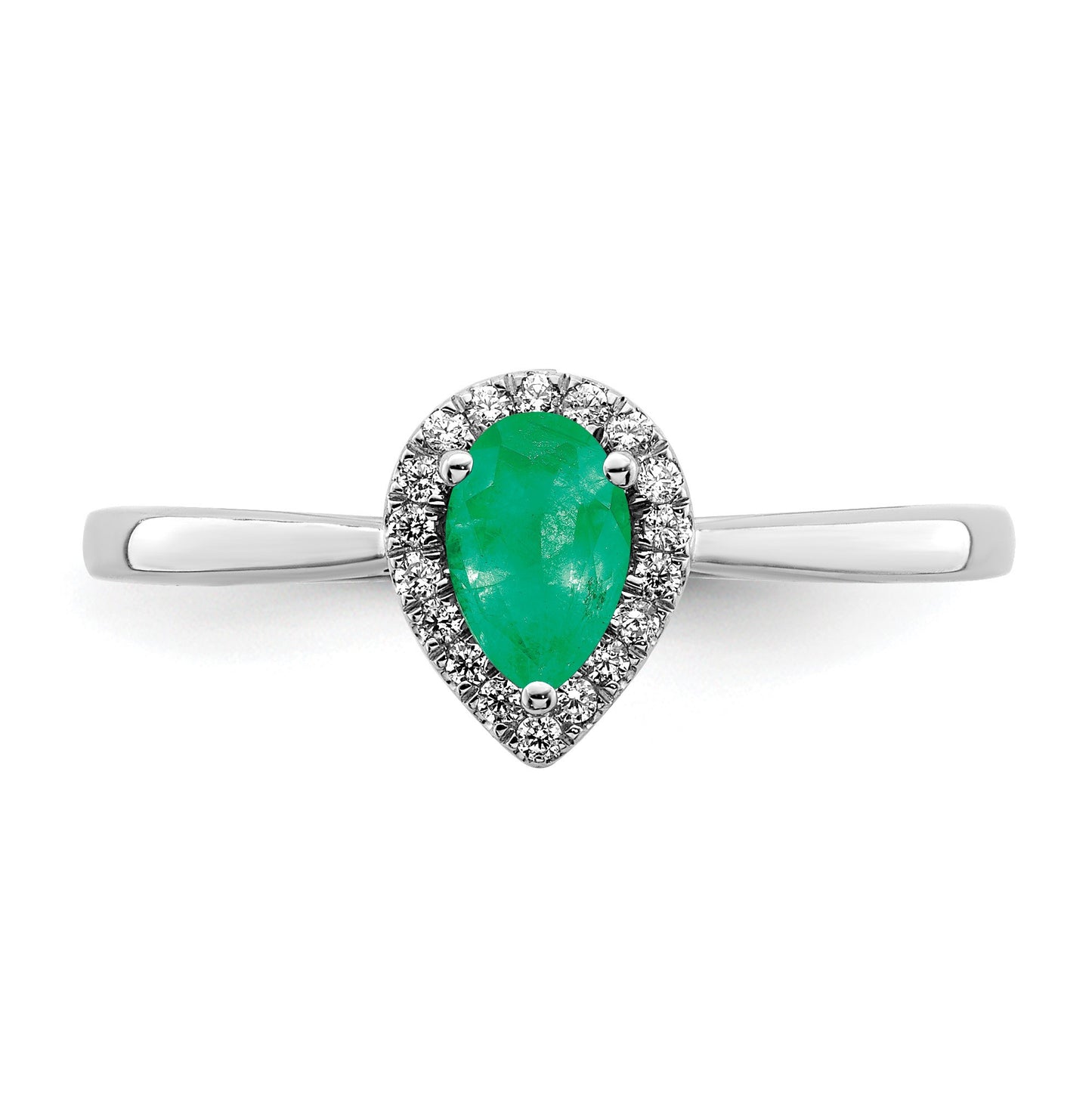 14k White Gold 6x4mm Pear Emerald and 1/10 carat Diamond Halo Ring