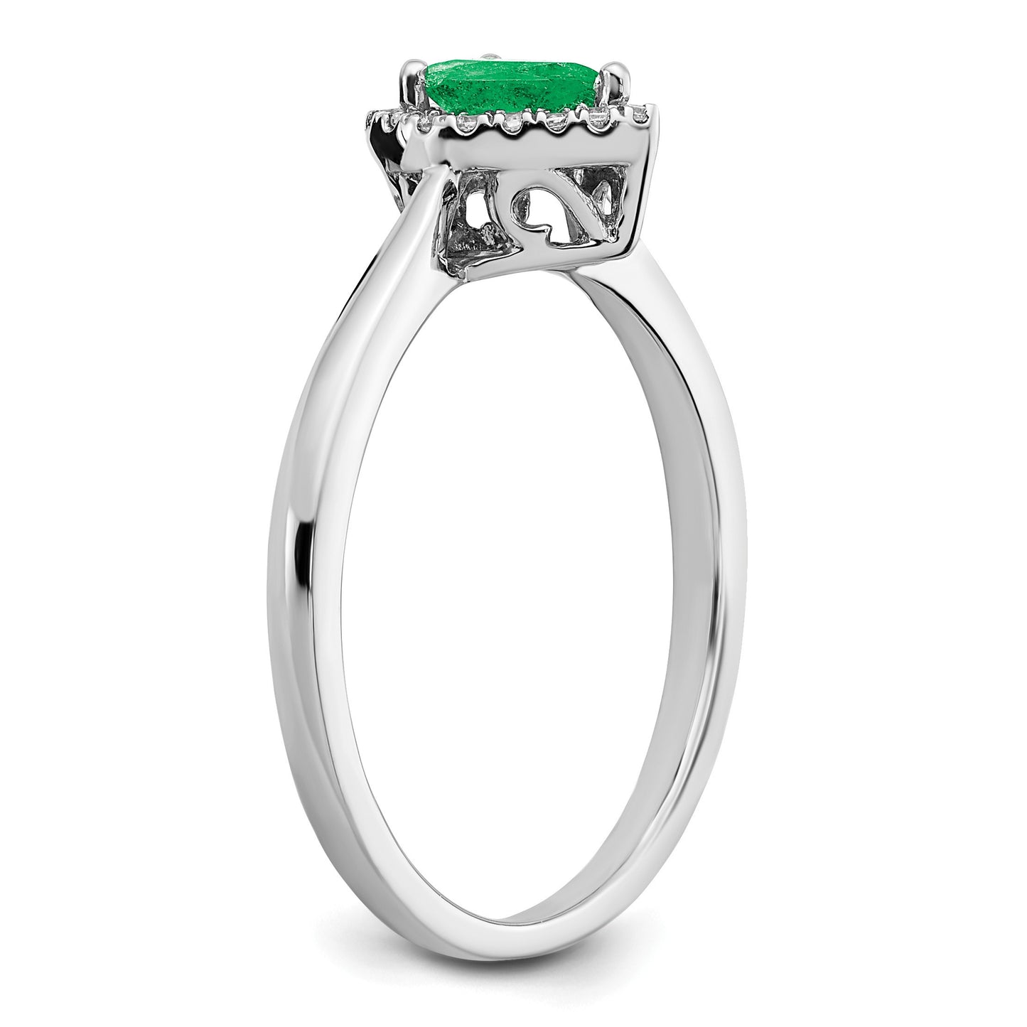 14k White Gold 6x4mm Pear Emerald and 1/10 carat Diamond Halo Ring