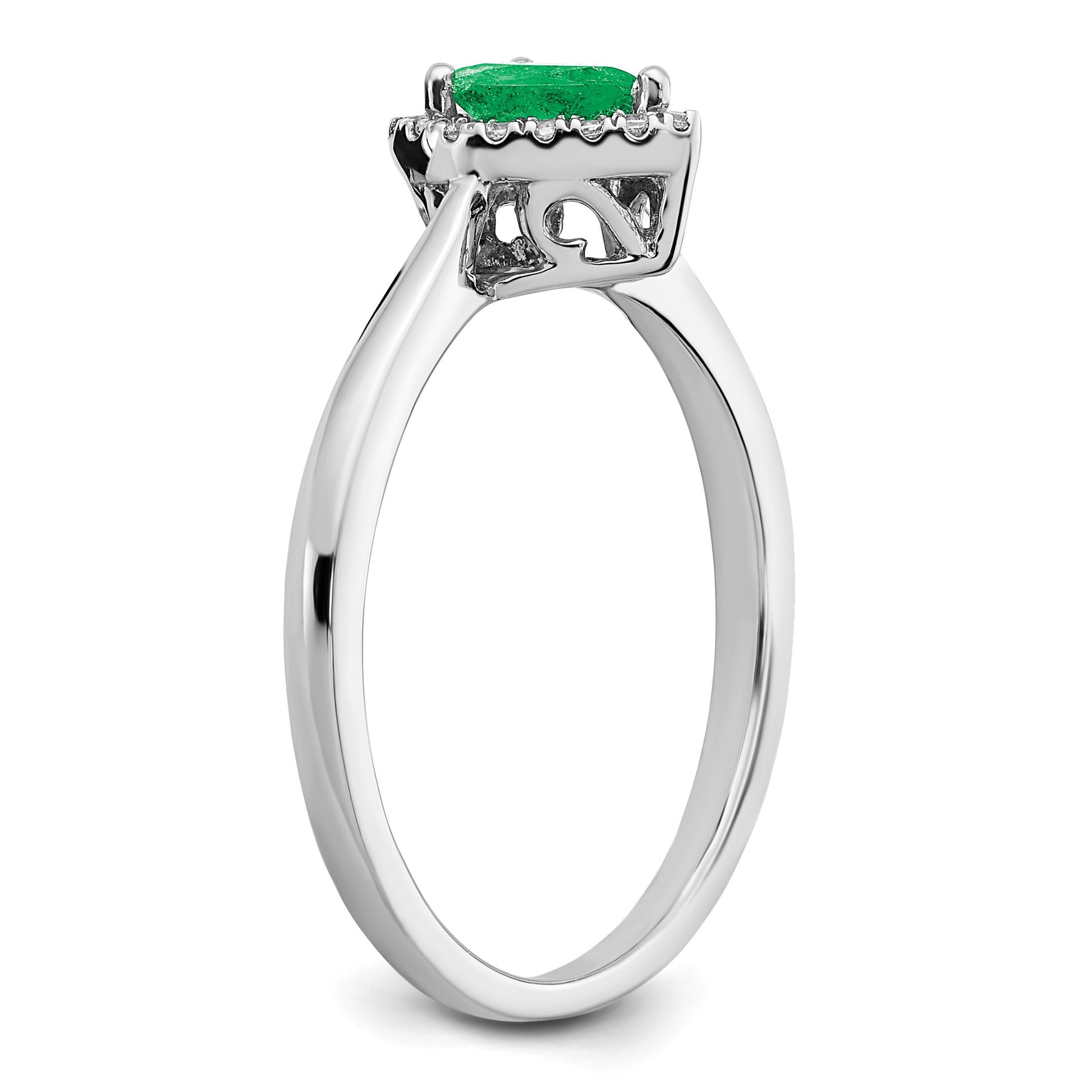 14k White Gold 6x4mm Pear Emerald and 1/10 carat Diamond Halo Ring