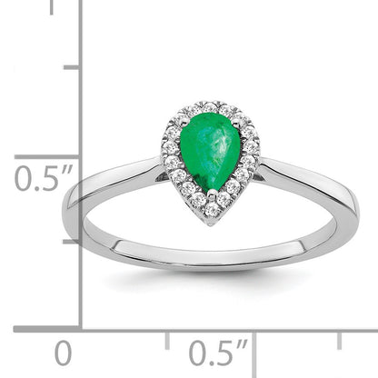 14k White Gold 6x4mm Pear Emerald and 1/10 carat Diamond Halo Ring