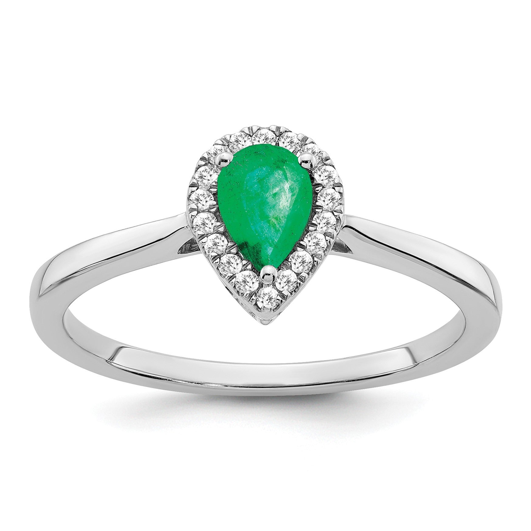 14k White Gold 6x4mm Pear Emerald and 1/10 carat Diamond Halo Ring