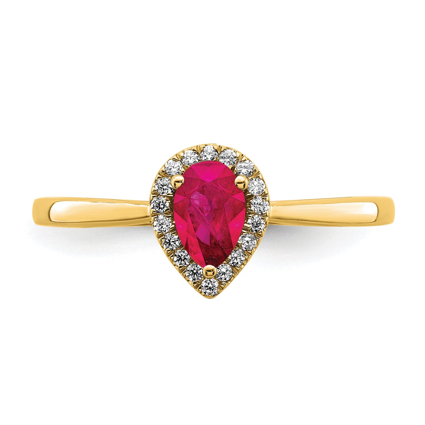 14k 6x4mm Pear Ruby and 1/10 carat Diamond Halo Ring