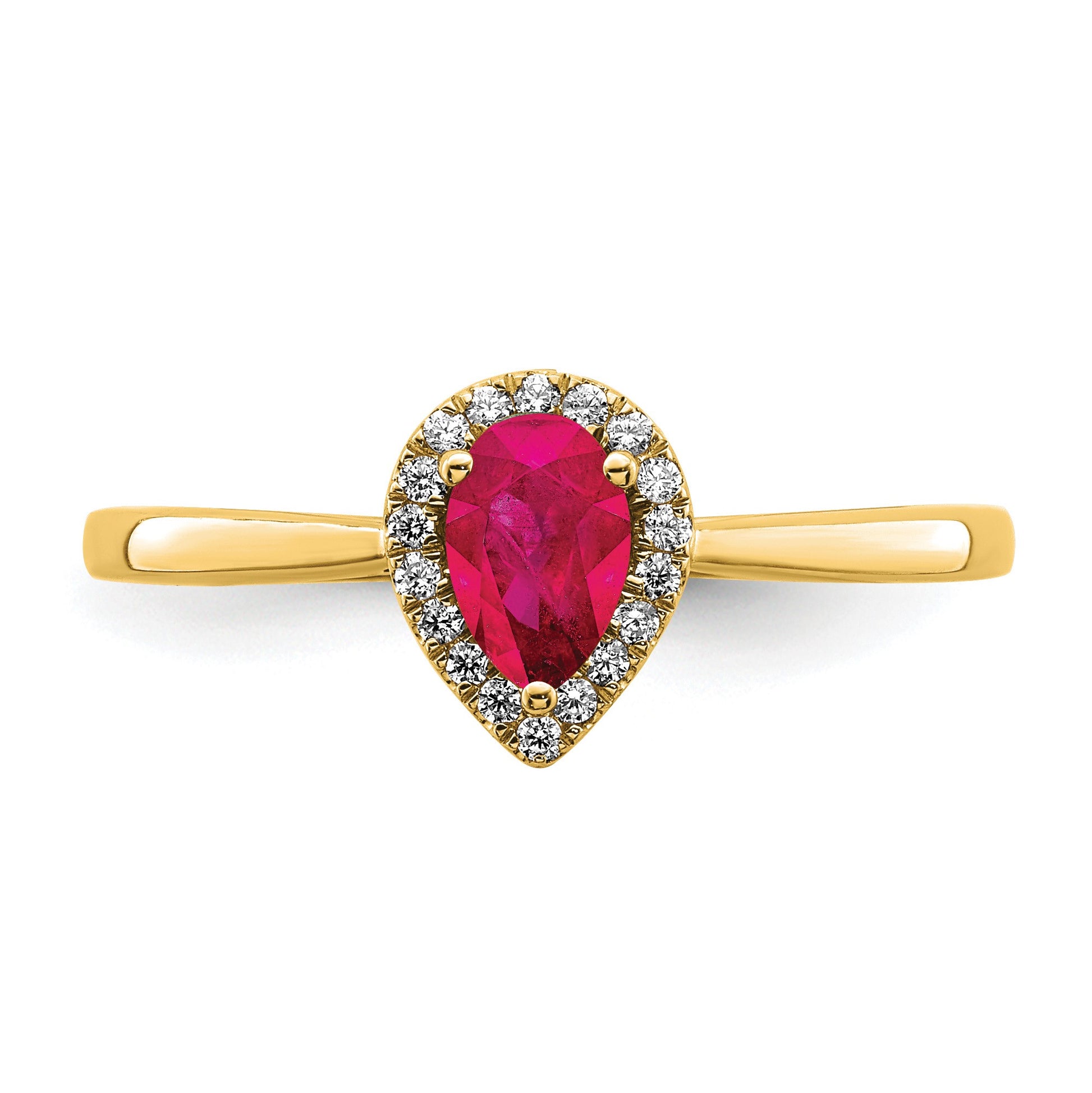 14k 6x4mm Pear Ruby and 1/10 carat Diamond Halo Ring