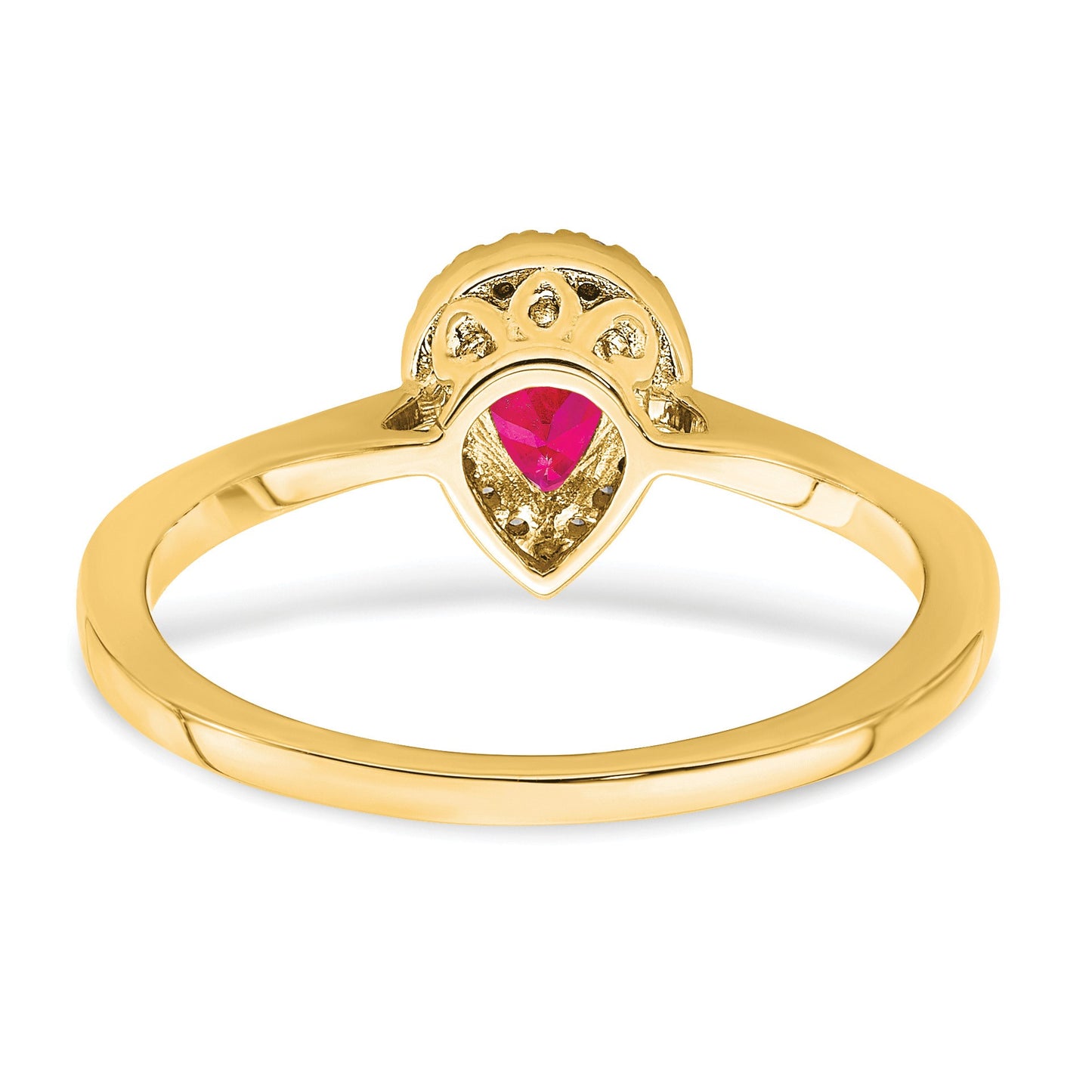14k 6x4mm Pear Ruby and 1/10 carat Diamond Halo Ring