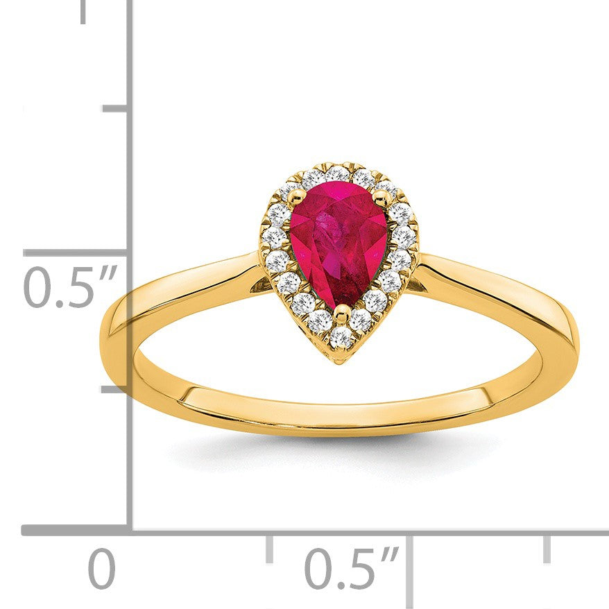 14k 6x4mm Pear Ruby and 1/10 carat Diamond Halo Ring