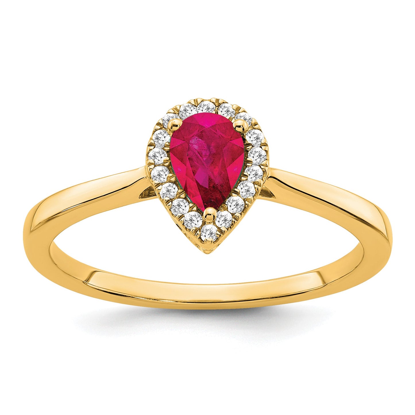 14k 6x4mm Pear Ruby and 1/10 carat Diamond Halo Ring