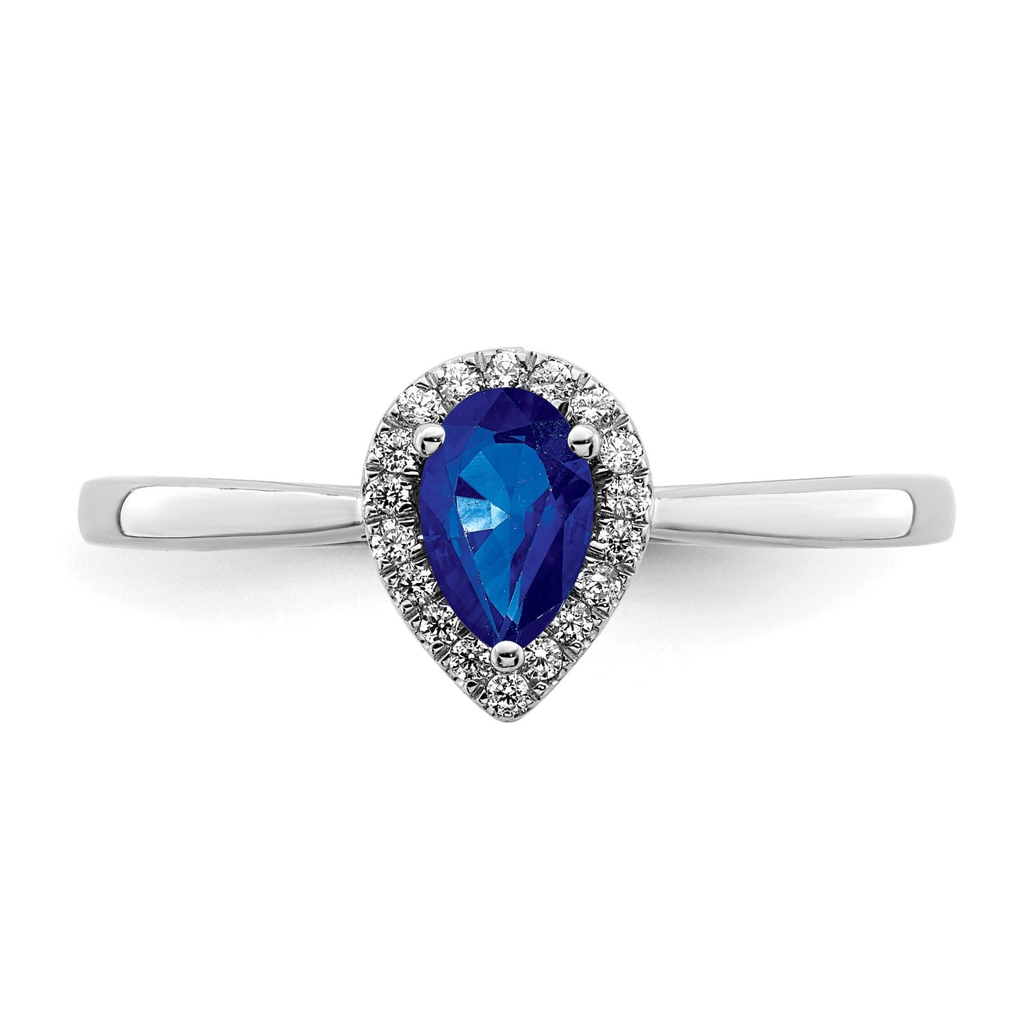 14k White Gold 6x4mm Pear Blue Sapphire and 1/10 carat Diamond Halo Ring