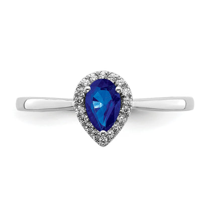 14k White Gold 6x4mm Pear Blue Sapphire and 1/10 carat Diamond Halo Ring