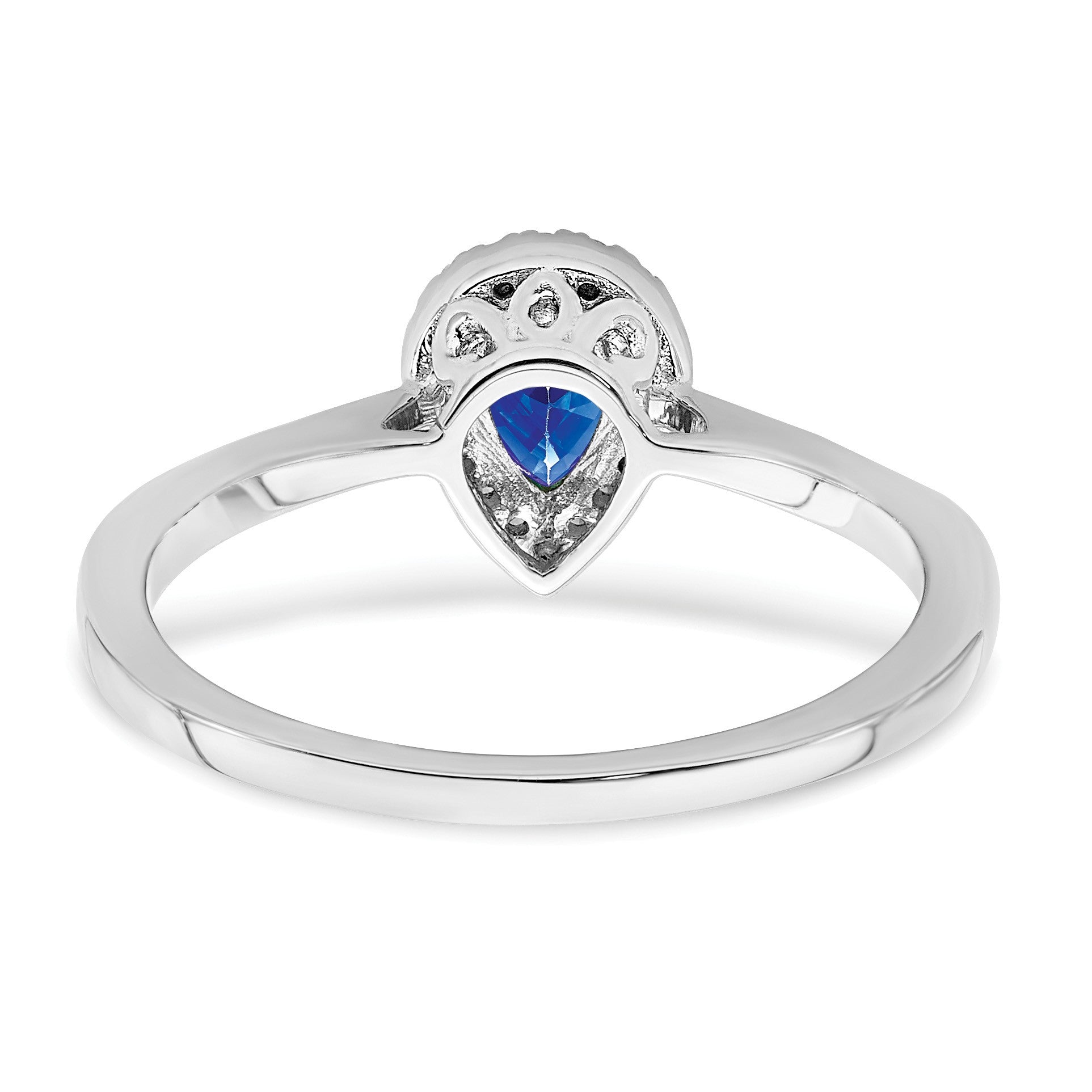 14k White Gold 6x4mm Pear Blue Sapphire and 1/10 carat Diamond Halo Ring