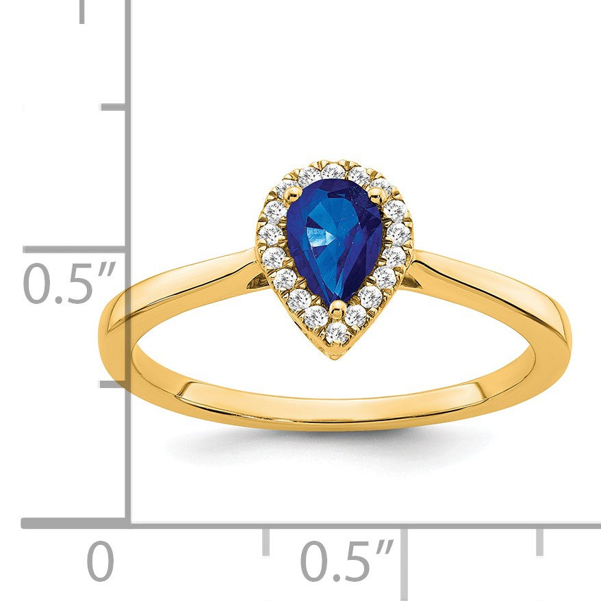14k 6x4mm Pear Blue Sapphire and 1/10 carat Diamond Halo Ring