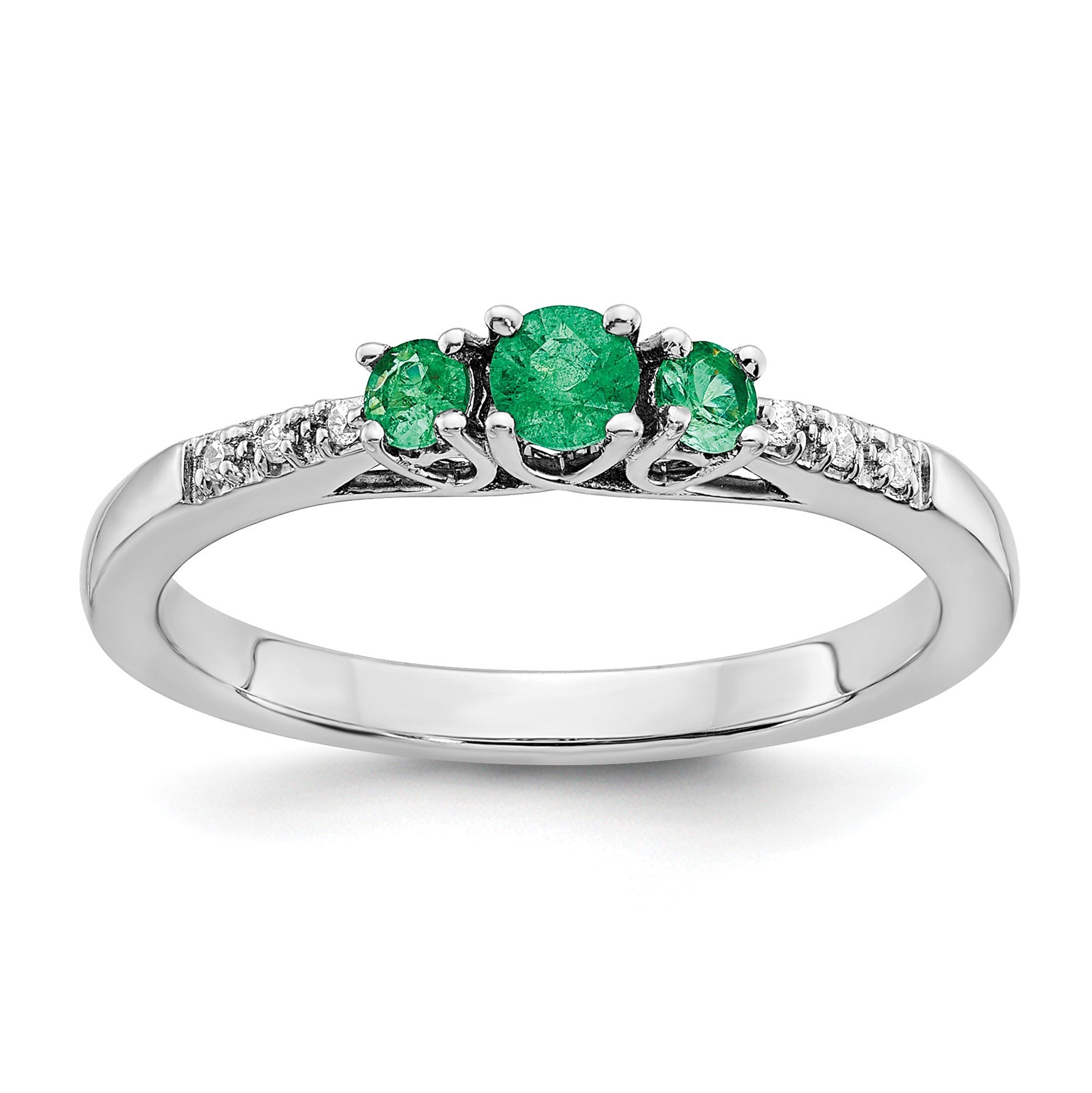 14k White Gold Graduated Emerald and Diamond 3-stone Ring
