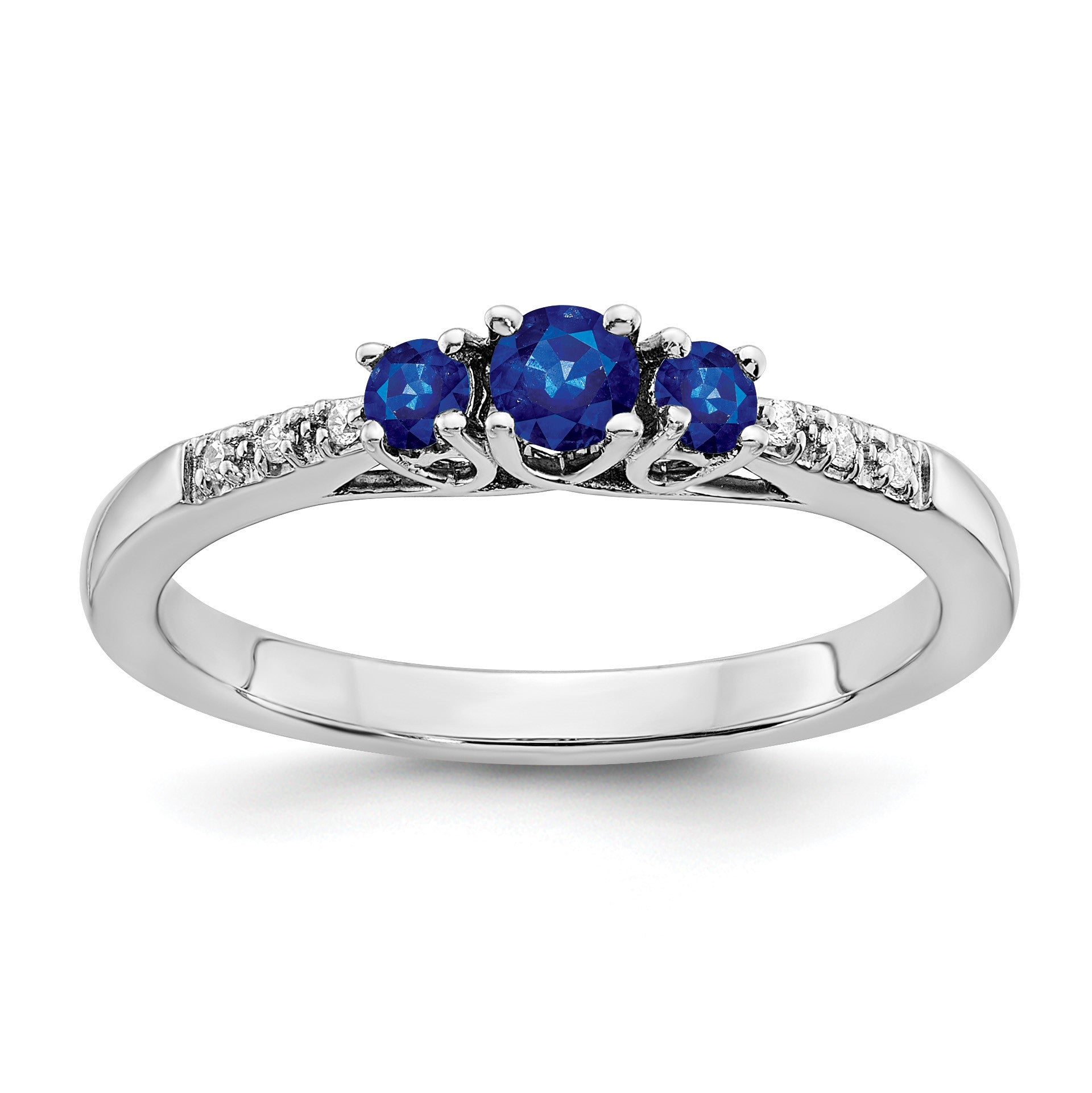 14k White Gold Graduated Blue Sapphire and Diamond 3-stone Ring