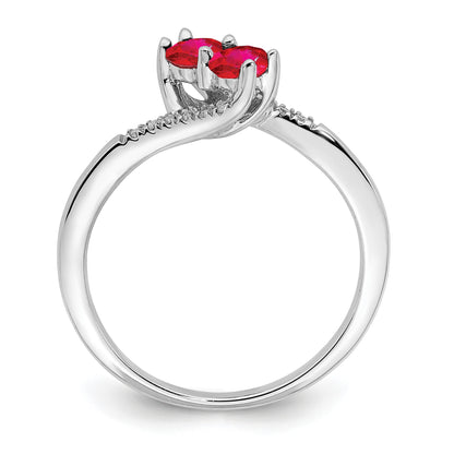 14k White Gold Ruby and 1/20 carat Diamond 2-stone Bypass Ring