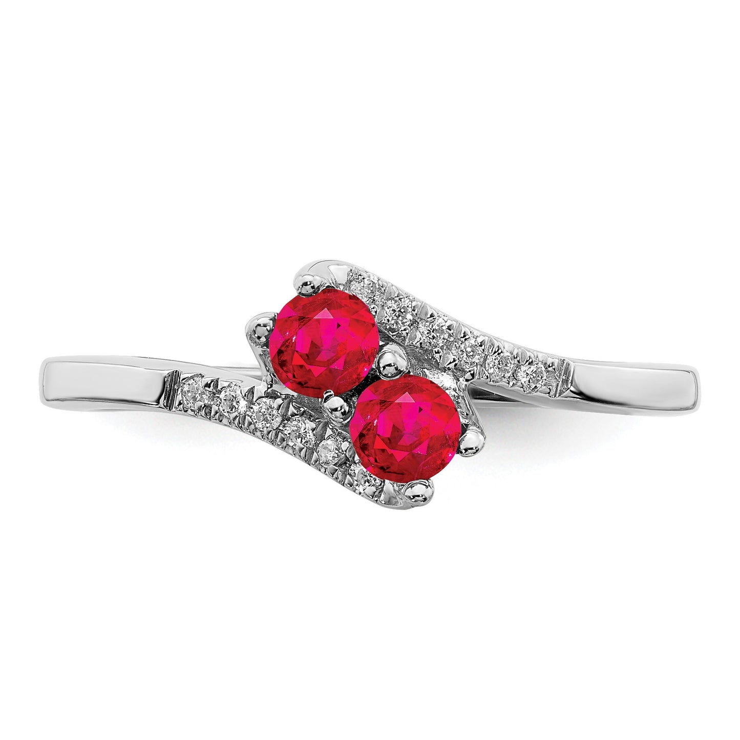 14k White Gold Ruby and 1/20 carat Diamond 2-stone Bypass Ring