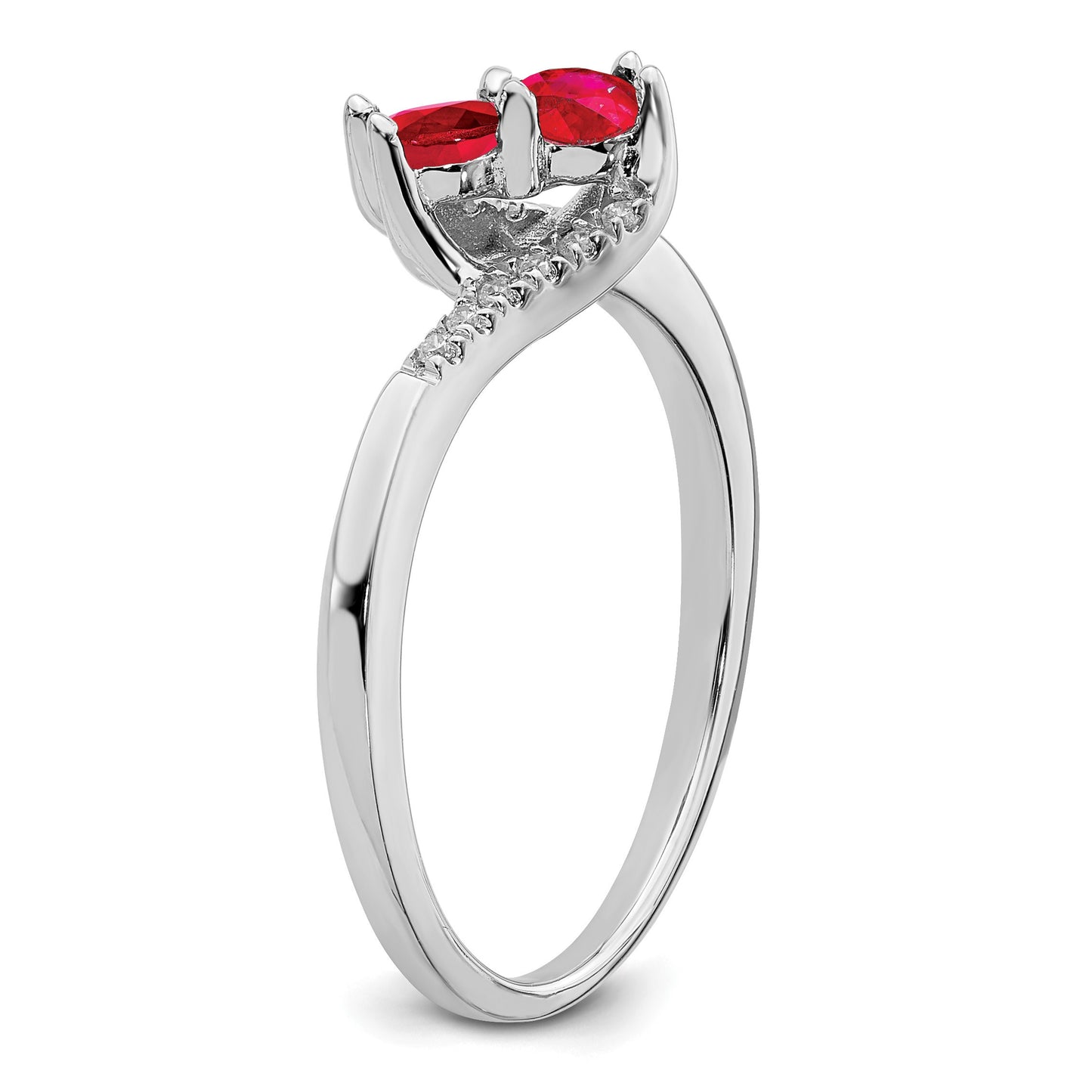 14k White Gold Ruby and 1/20 carat Diamond 2-stone Bypass Ring