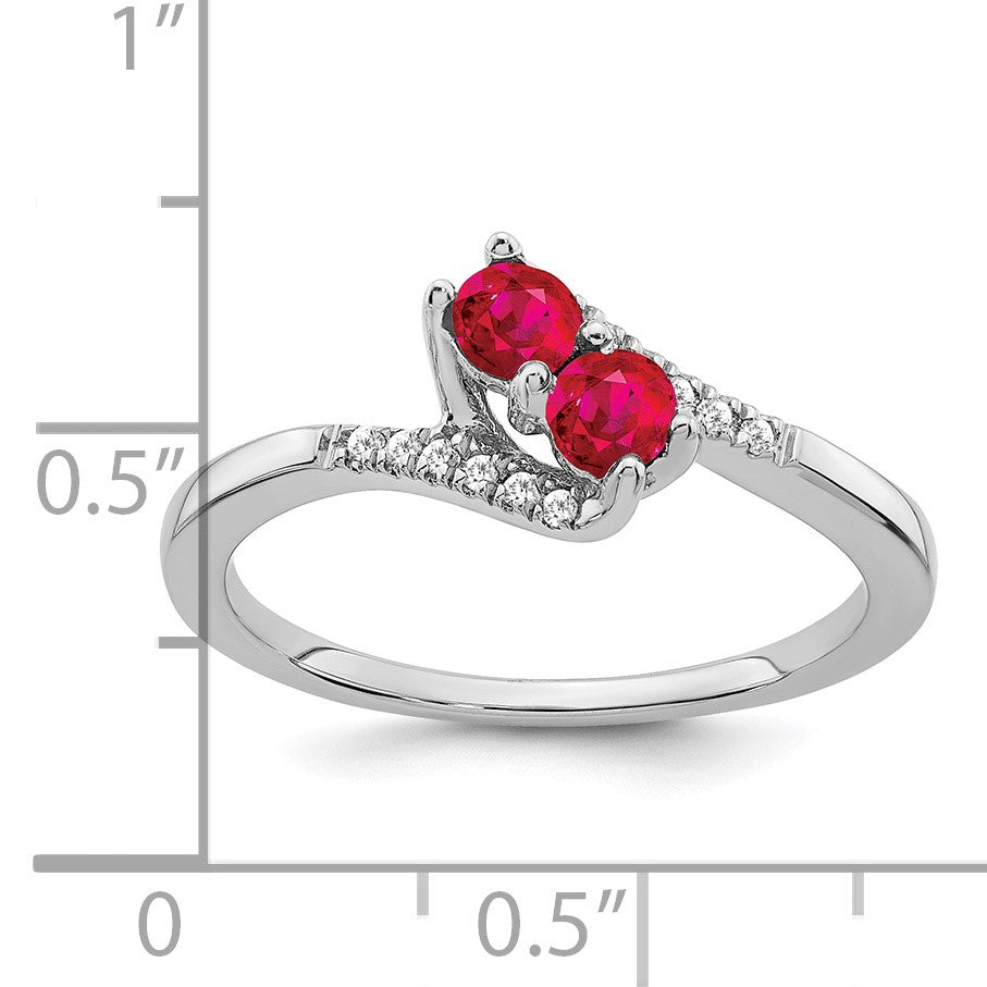 14k White Gold Ruby and 1/20 carat Diamond 2-stone Bypass Ring