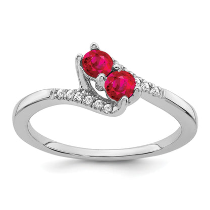 14k White Gold Ruby and 1/20 carat Diamond 2-stone Bypass Ring