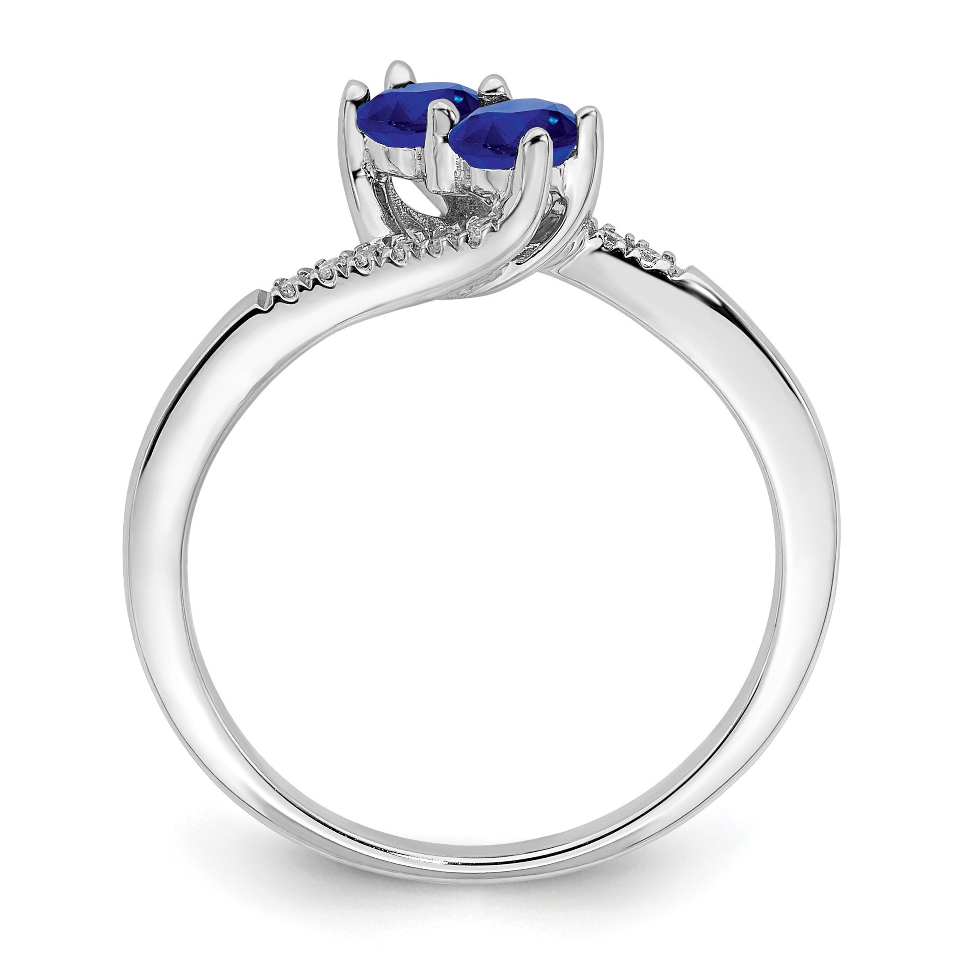 14k White Gold Blue Sapphire and 1/20 carat Diamond 2-stone Bypass Ring