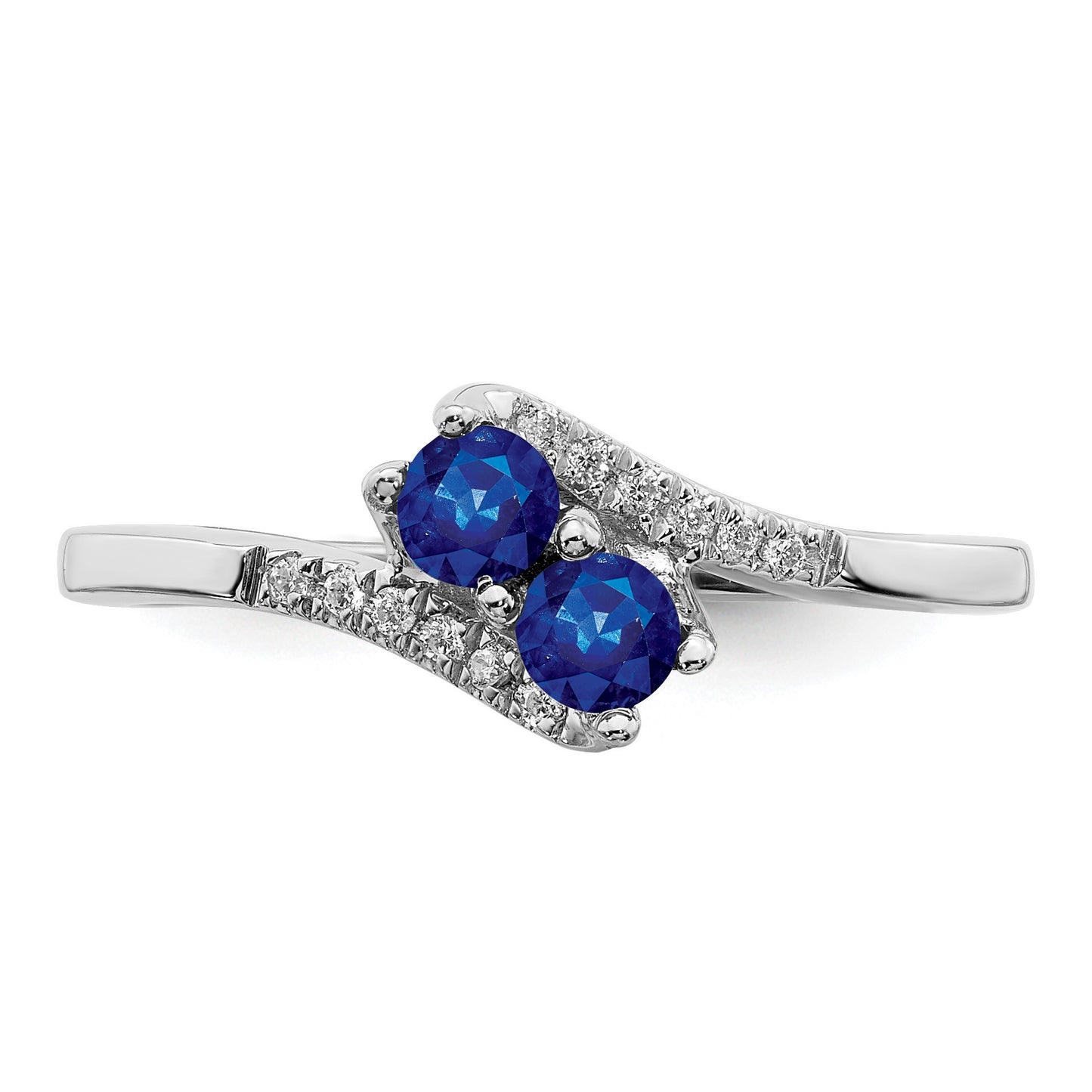 14k White Gold Blue Sapphire and 1/20 carat Diamond 2-stone Bypass Ring