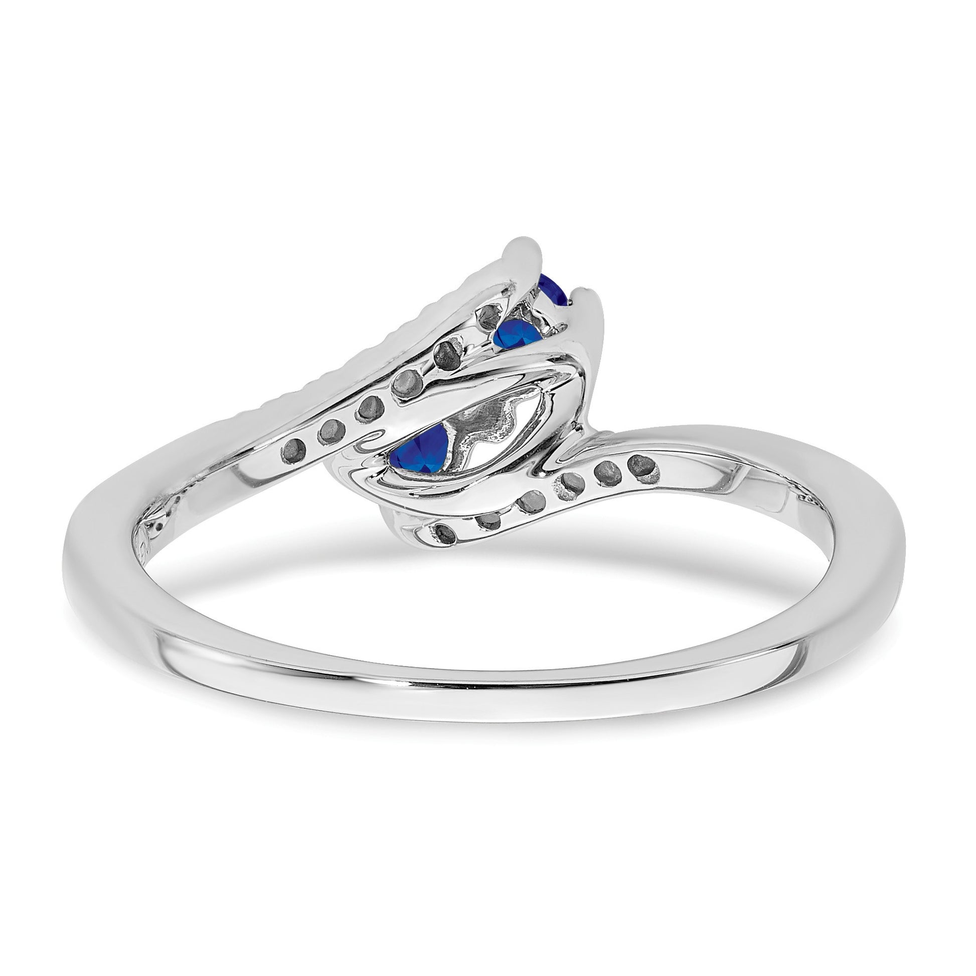 14k White Gold Blue Sapphire and 1/20 carat Diamond 2-stone Bypass Ring