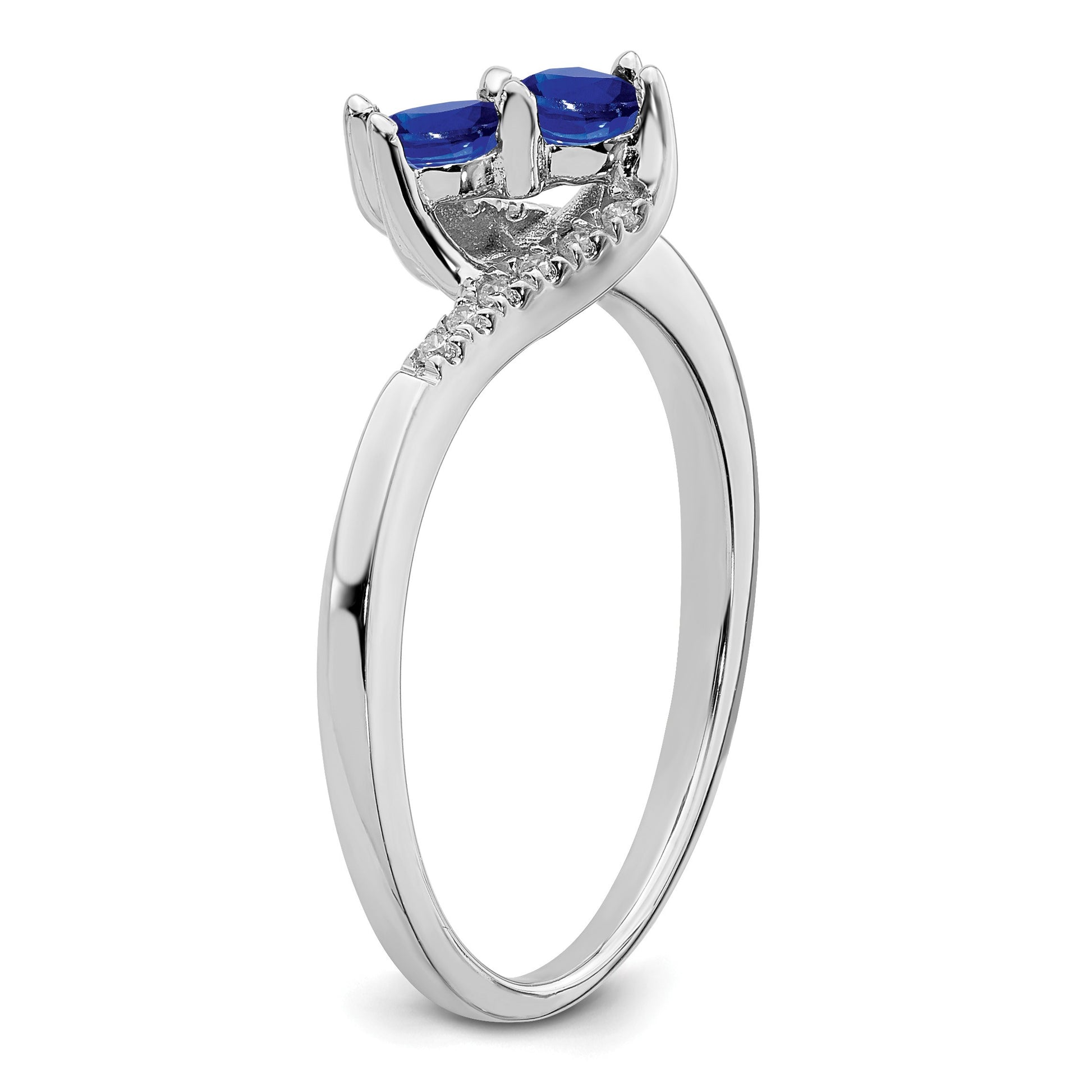 14k White Gold Blue Sapphire and 1/20 carat Diamond 2-stone Bypass Ring