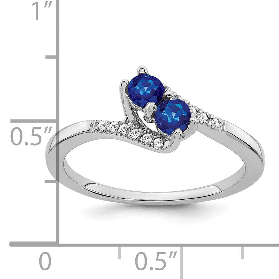 14k White Gold Blue Sapphire and 1/20 carat Diamond 2-stone Bypass Ring