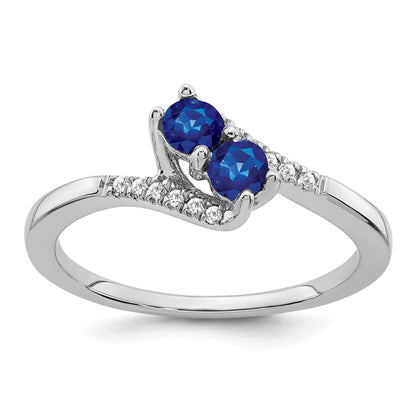 14k White Gold Blue Sapphire and 1/20 carat Diamond 2-stone Bypass Ring