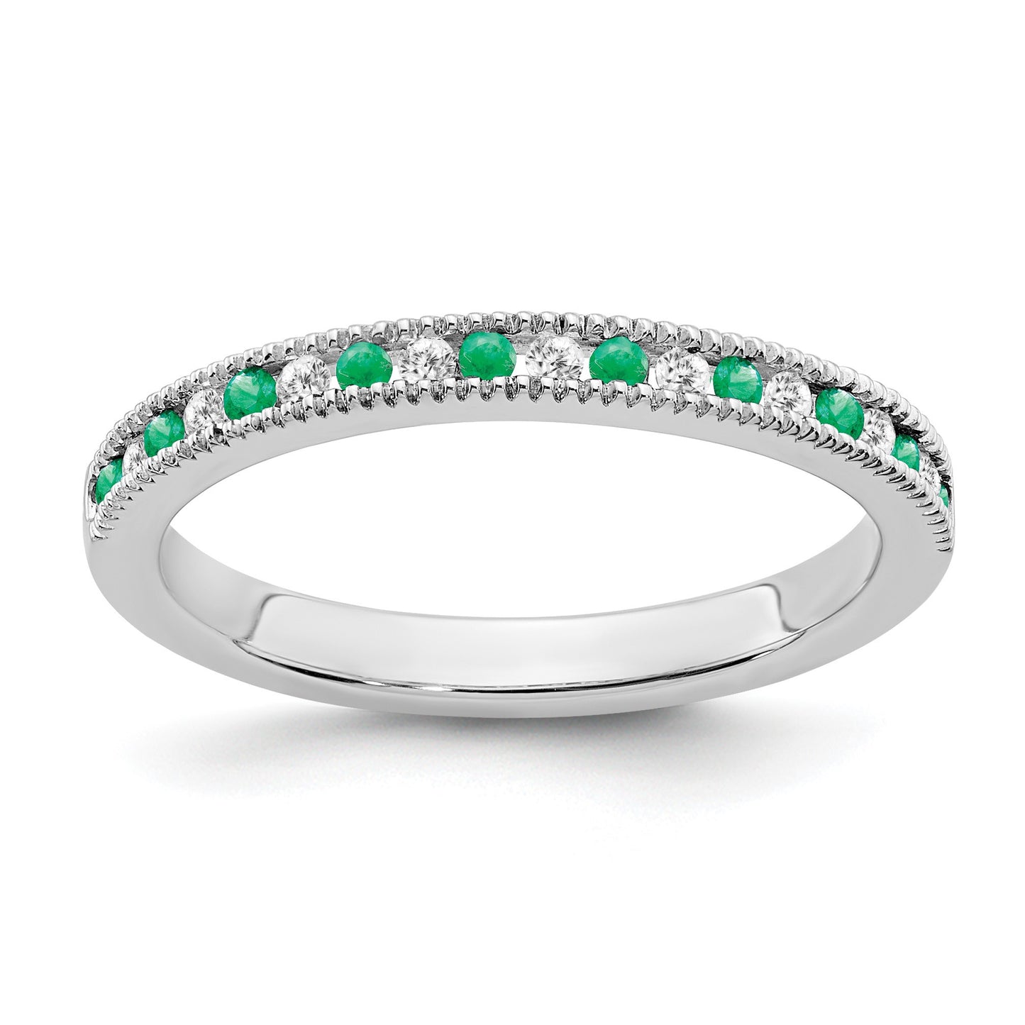 14k White Gold 1/10 carat Diamond and Emerald Band