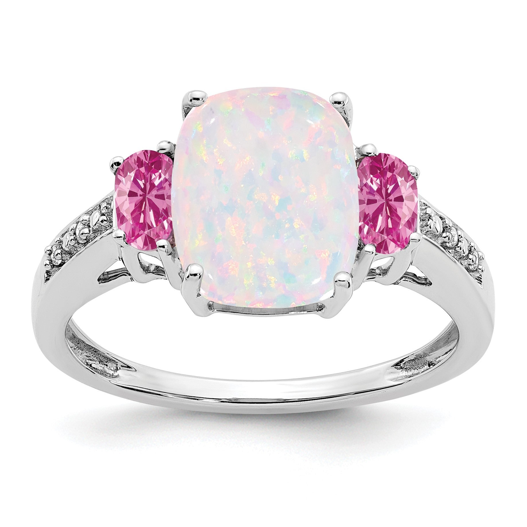 14k White Gold Lab-Created Opal/Lab-Created Pink Sapphire/Diamond Ring