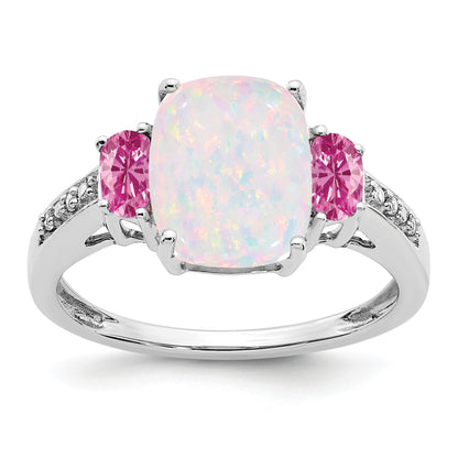 14k White Gold Lab-Created Opal/Lab-Created Pink Sapphire/Diamond Ring