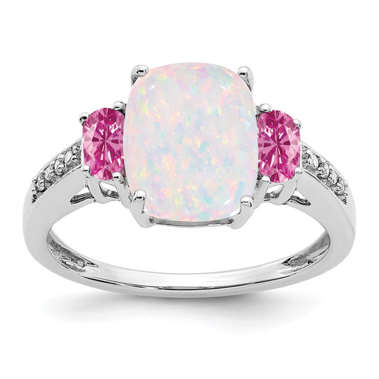 14k White Gold Lab-Created Opal/Lab-Created Pink Sapphire/Diamond Ring