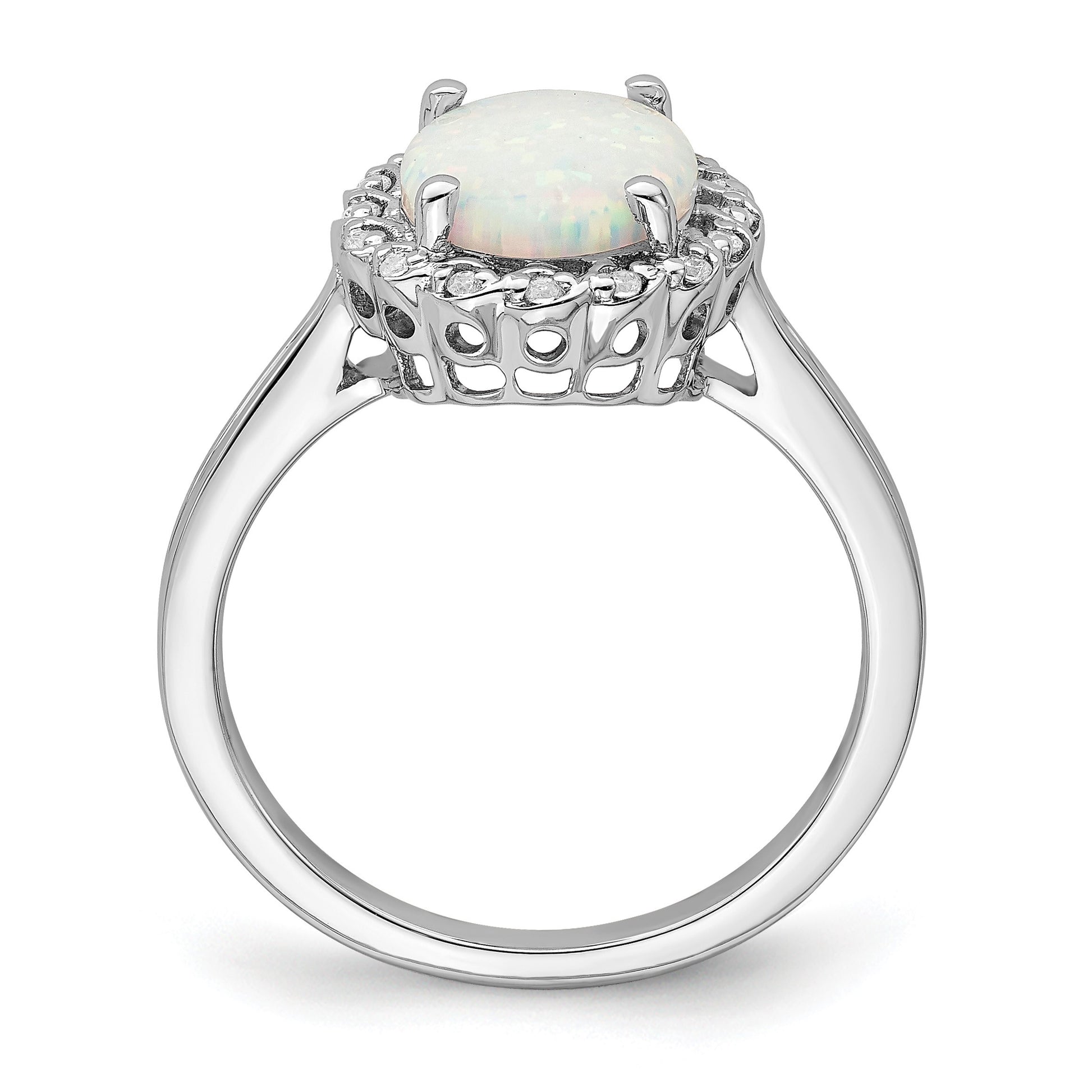 14k White Gold 10x8mm Oval Lab-Created Opal and 1/15 carat Diamond Halo Ring