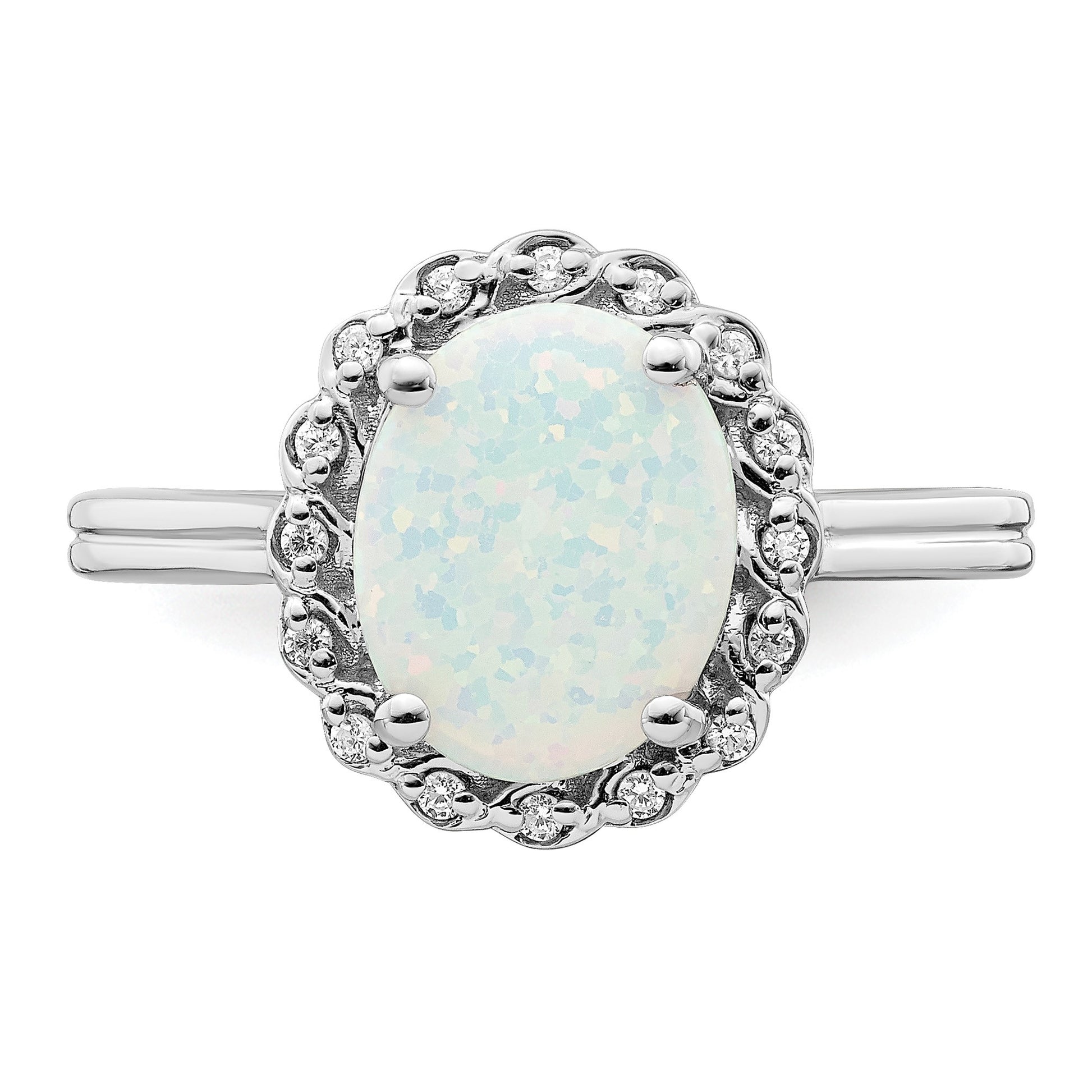 14k White Gold 10x8mm Oval Lab-Created Opal and 1/15 carat Diamond Halo Ring