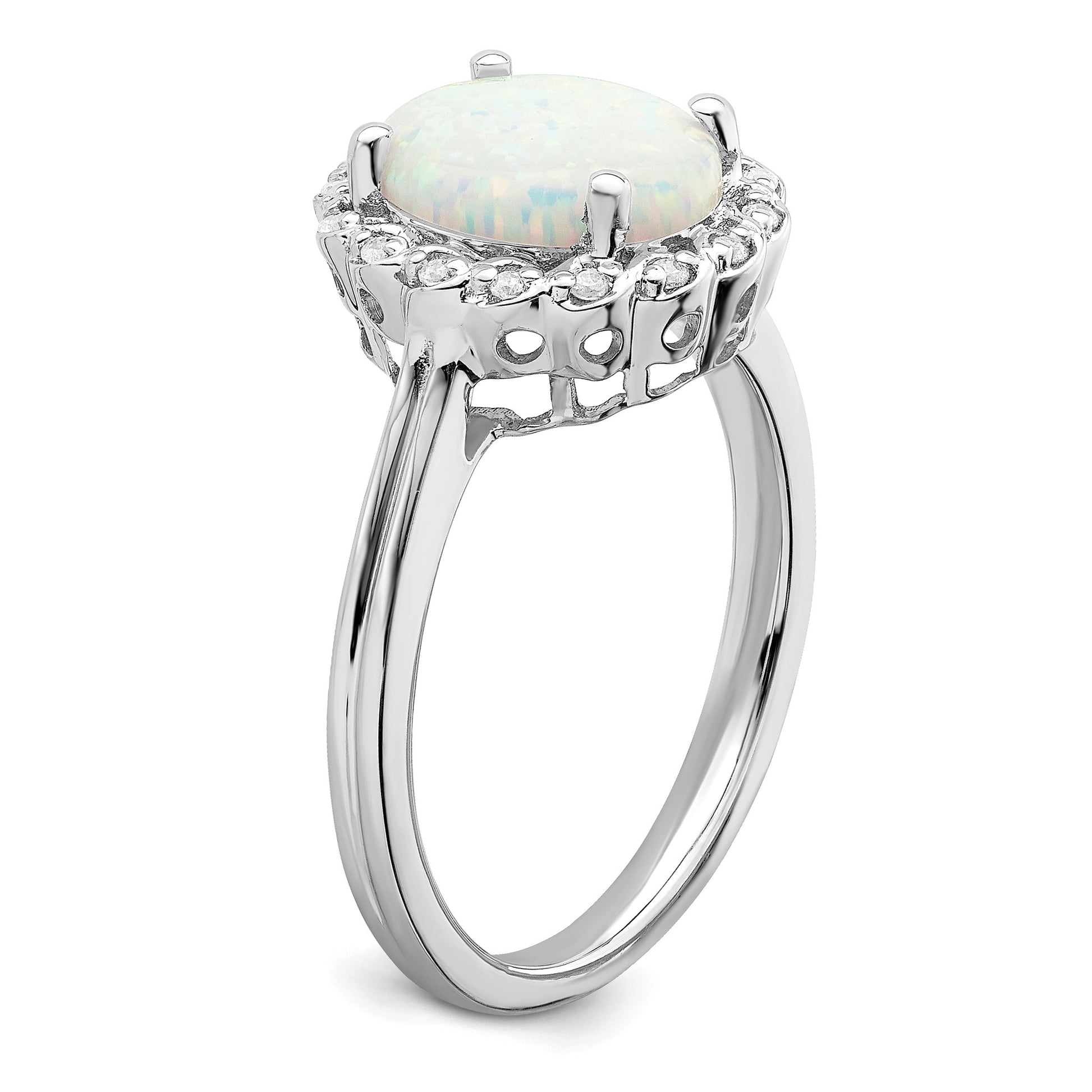 14k White Gold 10x8mm Oval Lab-Created Opal and 1/15 carat Diamond Halo Ring