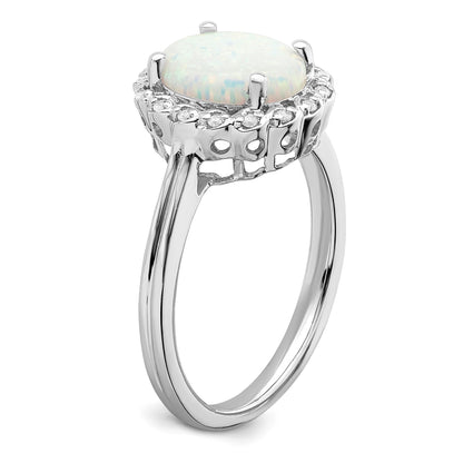 14k White Gold 10x8mm Oval Lab-Created Opal and 1/15 carat Diamond Halo Ring