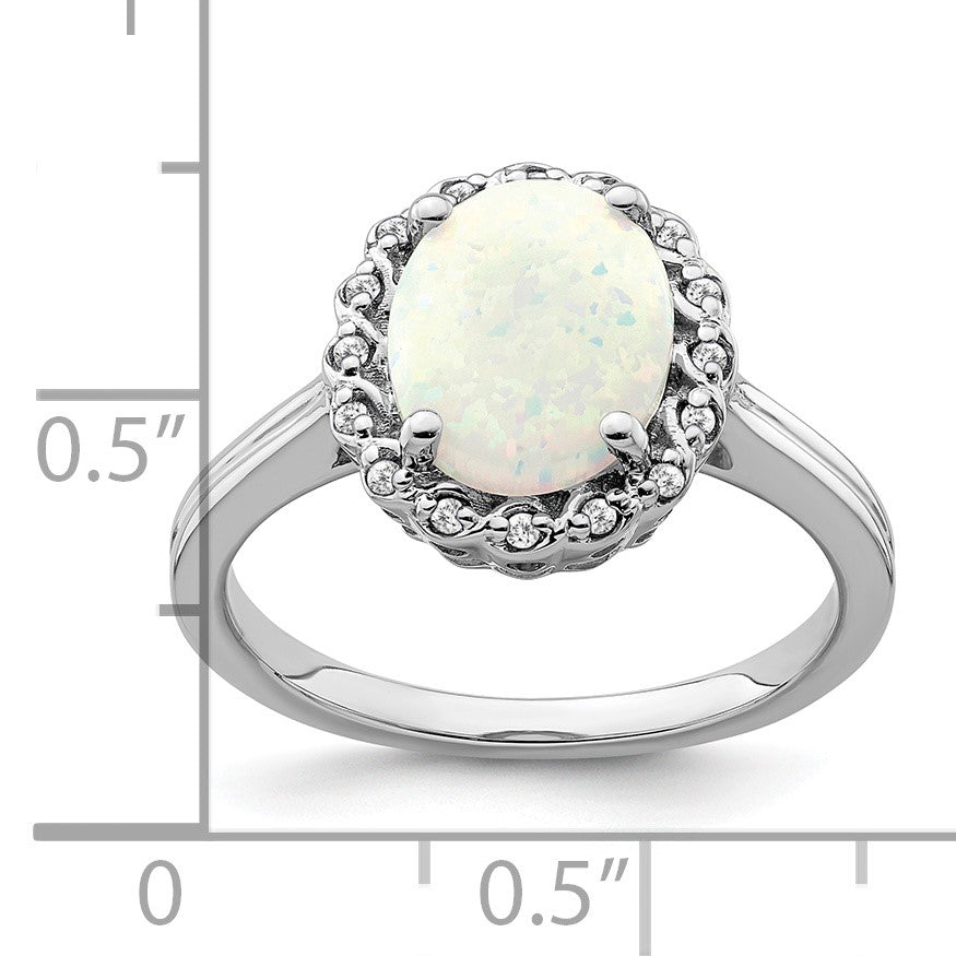 14k White Gold 10x8mm Oval Lab-Created Opal and 1/15 carat Diamond Halo Ring