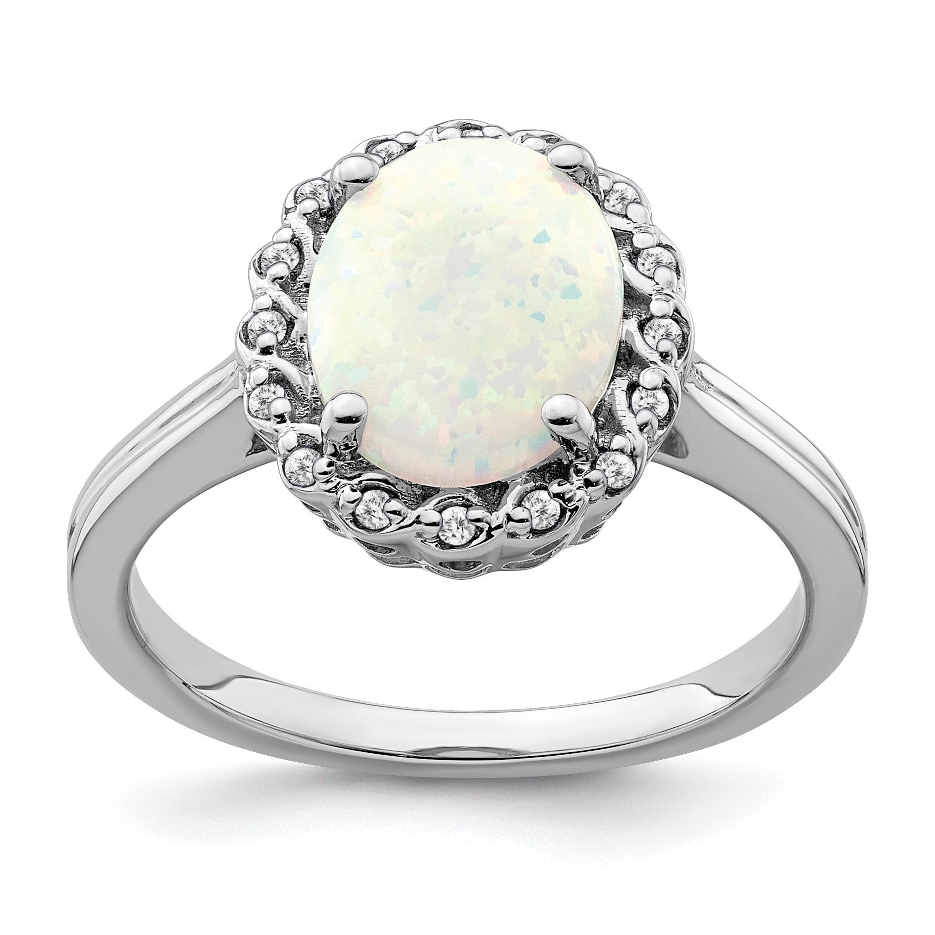 14k White Gold 10x8mm Oval Lab-Created Opal and 1/15 carat Diamond Halo Ring
